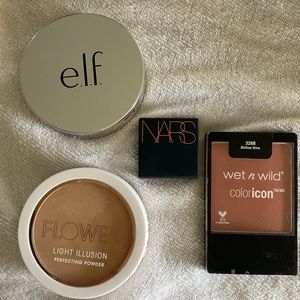Elf and Flower pressed powder, wet n wild blush in mellow wine, mini bronzer